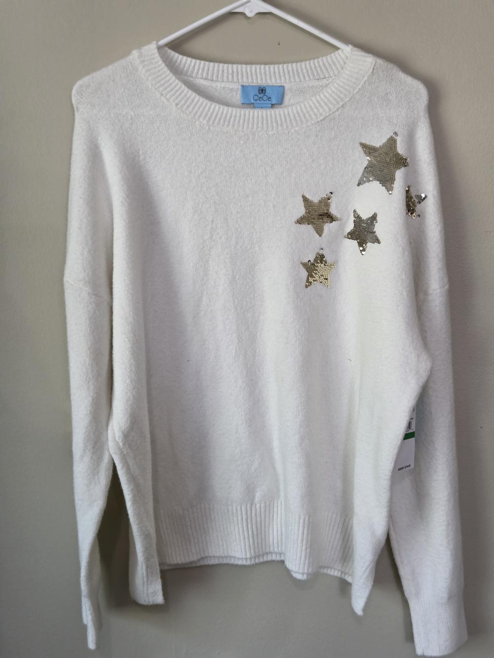 CeCe White Sequin Star Crewneck Sweater
